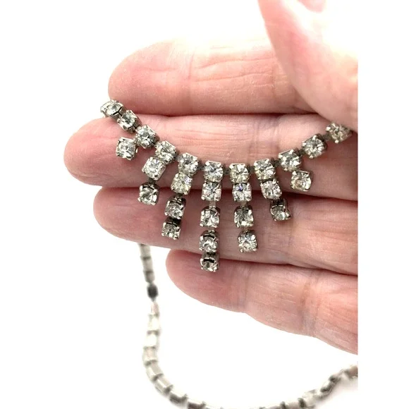 VTG Rhinestone Necklace Clear Dangle Silver Tone J1-3026 - Picture 8 of 9